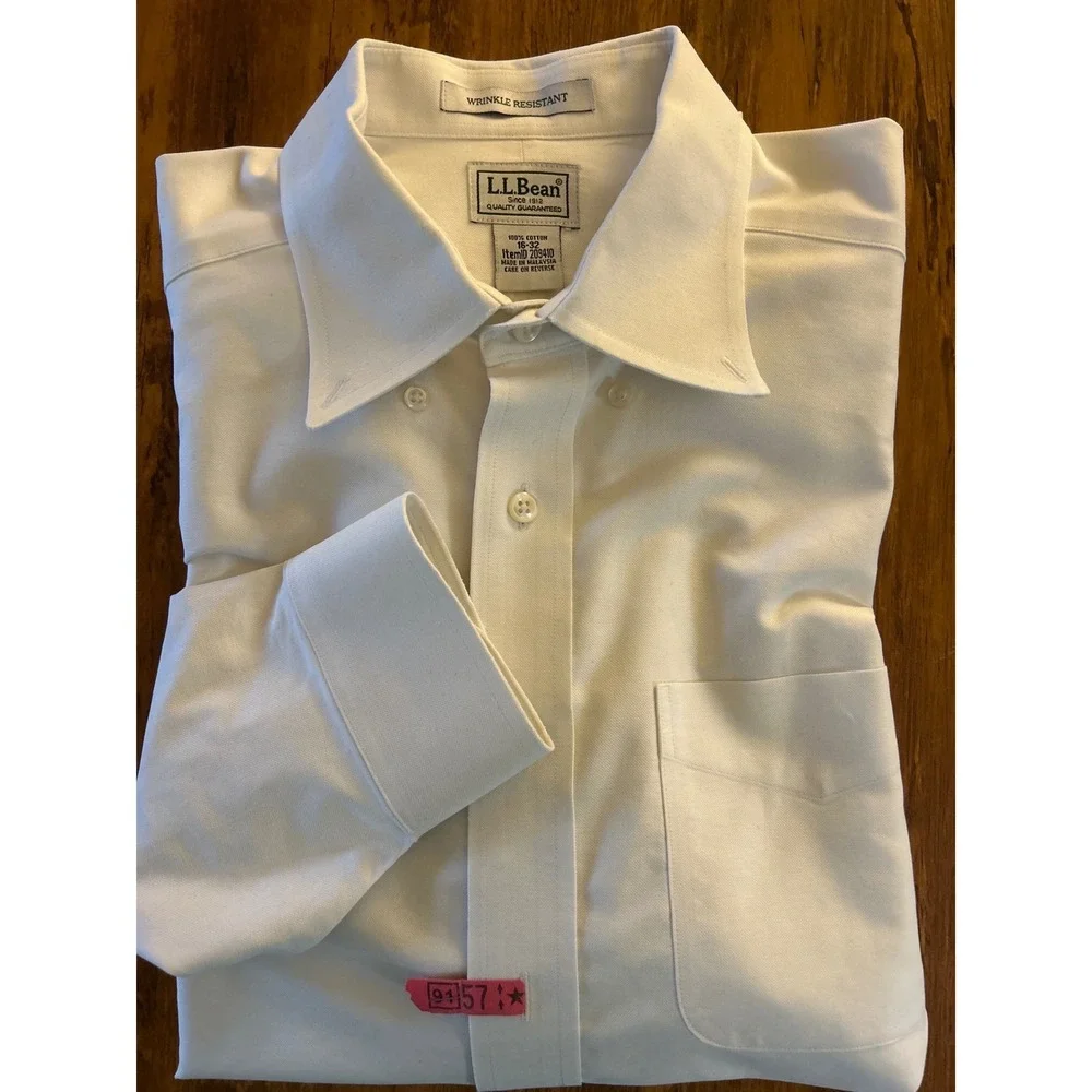LL Bean Mens White Wrinkle Resistant Cotton Oxford Button Down Shirt 16-32 20941 - Picture 10 of 11